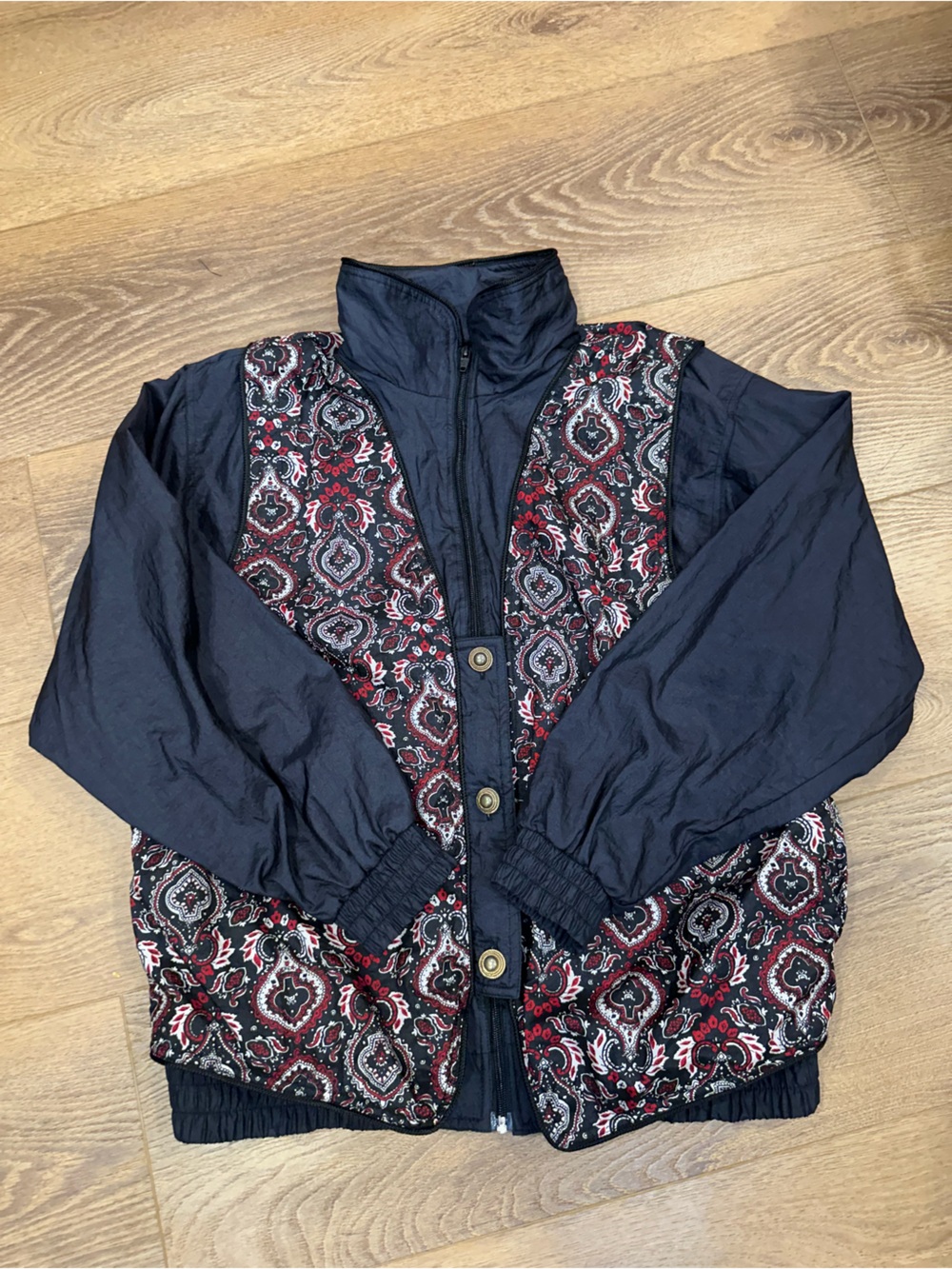 Women's Black Windbreaker   Bomber Jacket with Red Paisley attached vest